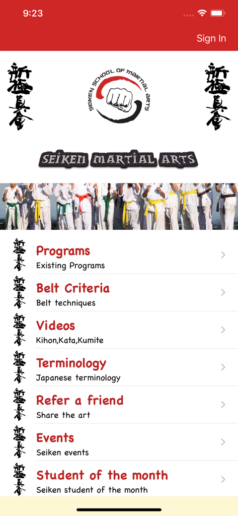 Seiken - Home screen of the Seiken Martial Arts app showing categories like Programs Belt Criteria and Videos