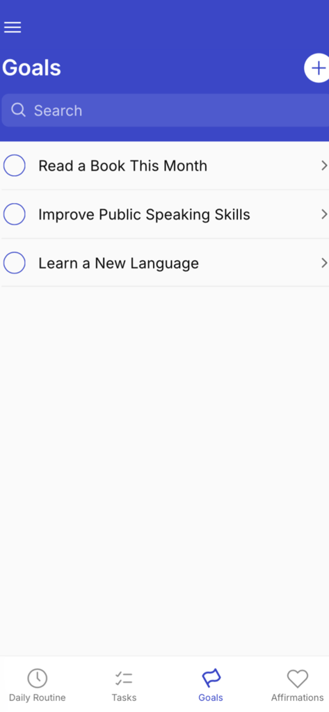 Proactive life - Uma interface limpa do aplicativo Vida Proativa mostrando uma lista de metas, incluindo ler um livro e aprender um idioma