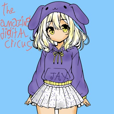 pretty anime girl wearing a fluffy hoodie with bunny ears on the hood and a skirt