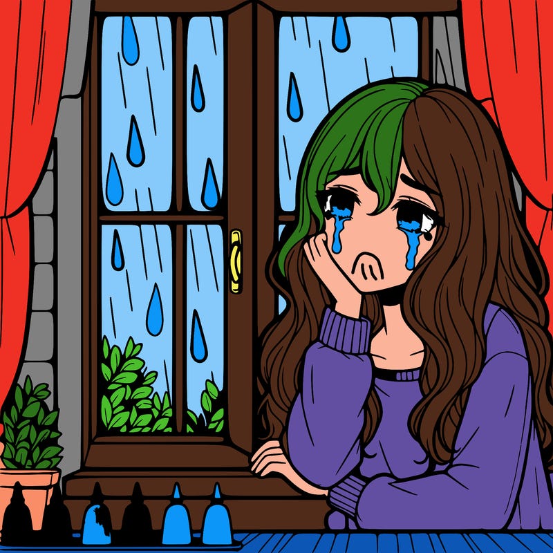 a beautiful girl who’s hurt and is crying in the window while looking at the rain outside