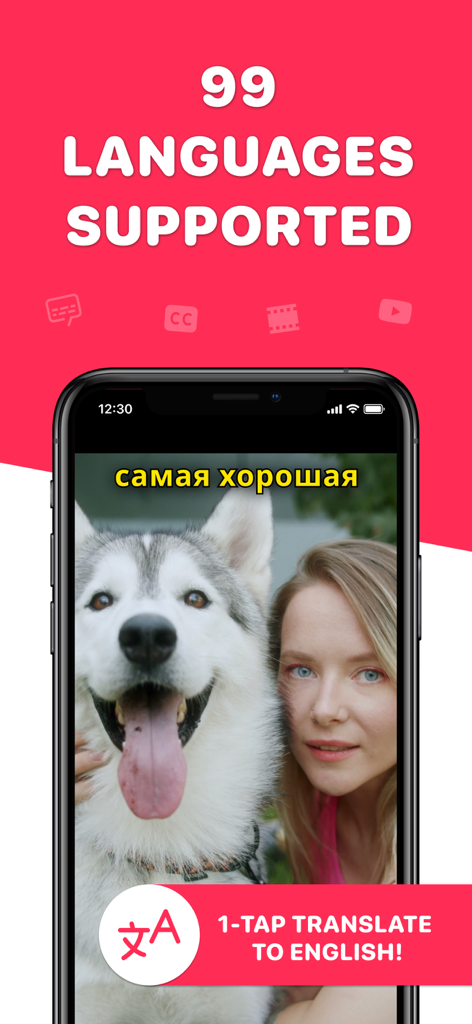 Auto Caption Video Subtitles - Smartphone-Bildschirm, der die Funktion zur Übersetzung von Videountertiteln für 99 Sprachen anzeigt