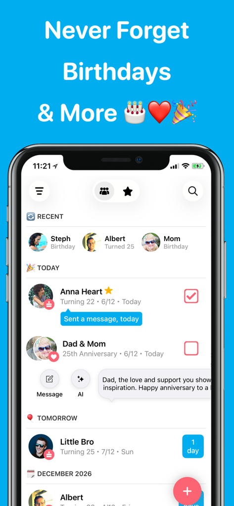 hip: Birthday Reminder & Cards - A mobile app interface displaying a list of upcoming birthdays and anniversaries with reminders and messaging options.