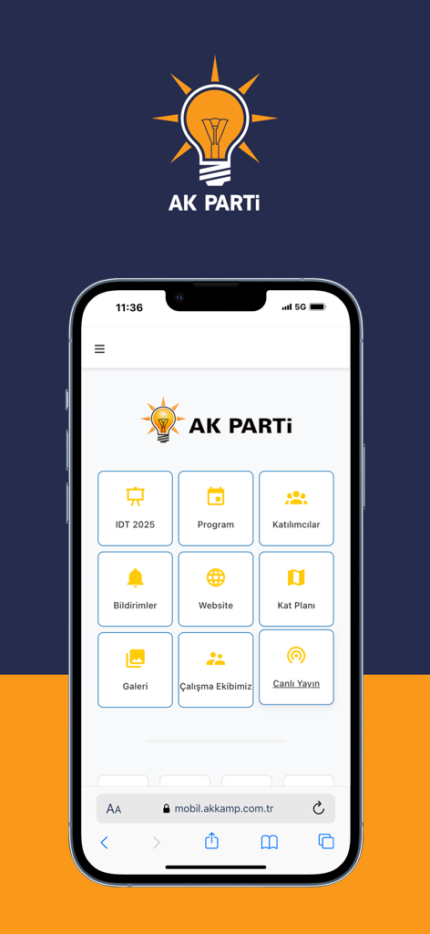 AK KAMP - AK KAMP app home screen displaying event navigation icons for the AK Party consultation meeting
