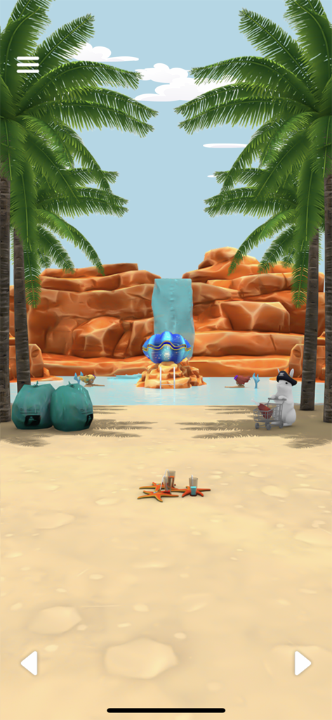 Una caprichosa playa tropical en Nunca Jamás con una gran concha azul, palmeras y un lindo conejo pirata.