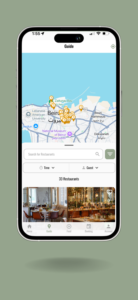 Waitlist: Restaurants Booking - Vista mappa dell'app Waitlist che mostra le posizioni dei ristoranti e i filtri di ricerca