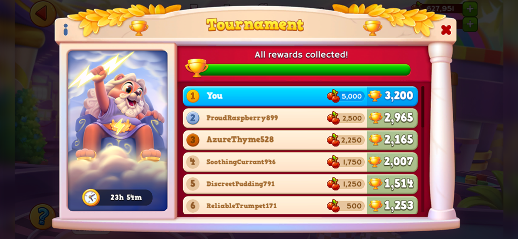 Tournament leaderboard screen in Bingo Pop showing player rankings and a Zeus themed lion character