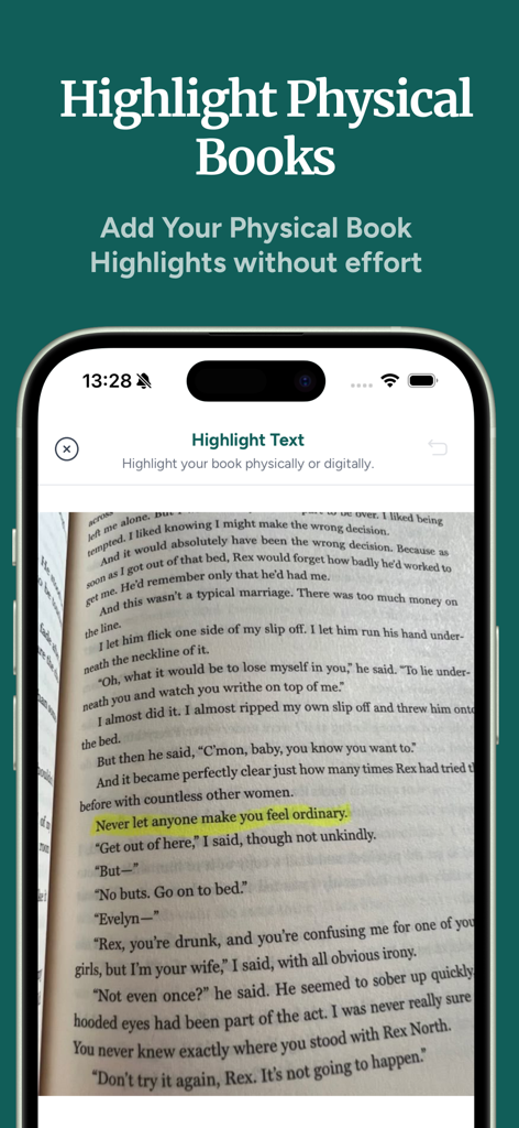 Screvi: Read & Highlight - Screvi app screen showing the feature to highlight and digitize text from physical books using a smartphone camera