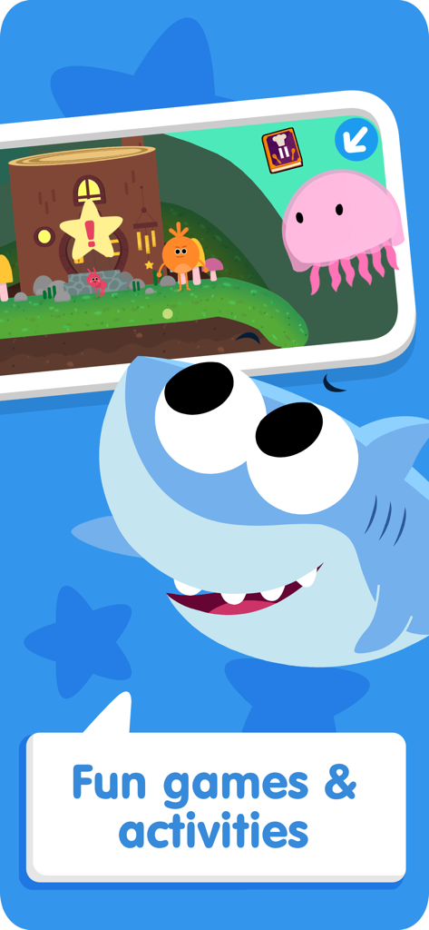 Finny der Hai bewirbt lustige Spiele und Aktivitäten in der Super Simple Kids Songs App