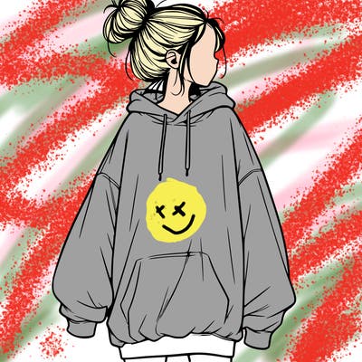 realistic girl with a oversized sweatshirt on and a bun