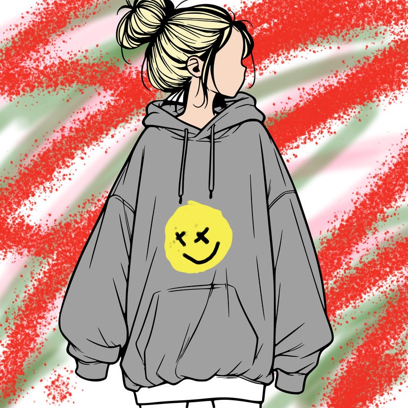realistic girl with a oversized sweatshirt on and a bun