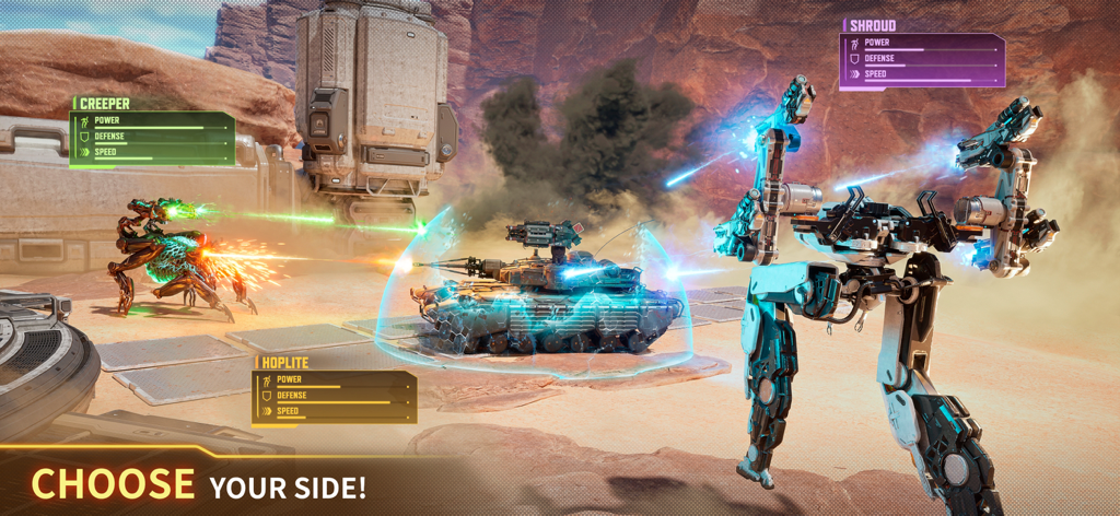 Armor Attack: Robot & Mecha - Three different sci-fi battle machines including a spider mech and a shielded tank engaged in desert combat