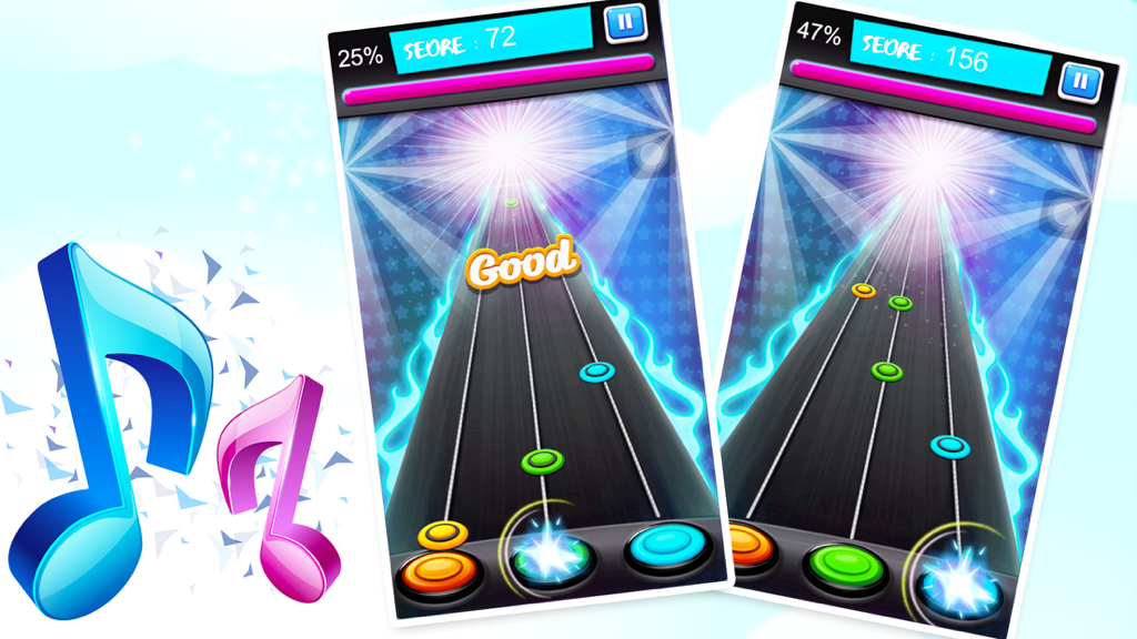 滚动的音符 - 节奏打点大师动作闯关小游戏 - Gameplay screens of Rolling Notes rhythm tapping master game showing musical notes and score tracking