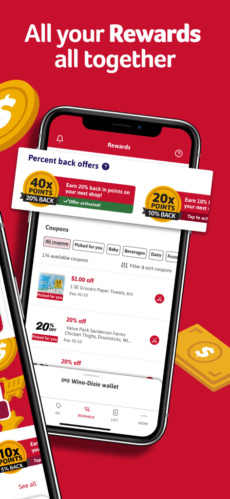 Winn Dixie app Rewards section displaying point multipliers and digital coupons