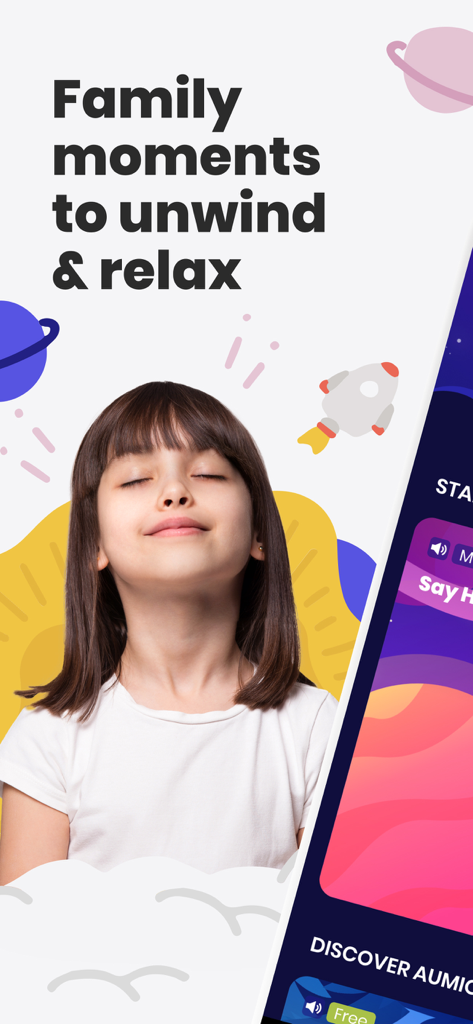 A young girl with closed eyes relaxing peacefully surrounded by space themed illustrations and the text family moments to unwind and relax