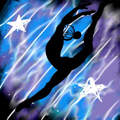 gymnast doing a leap in a leotard with a bent back leg