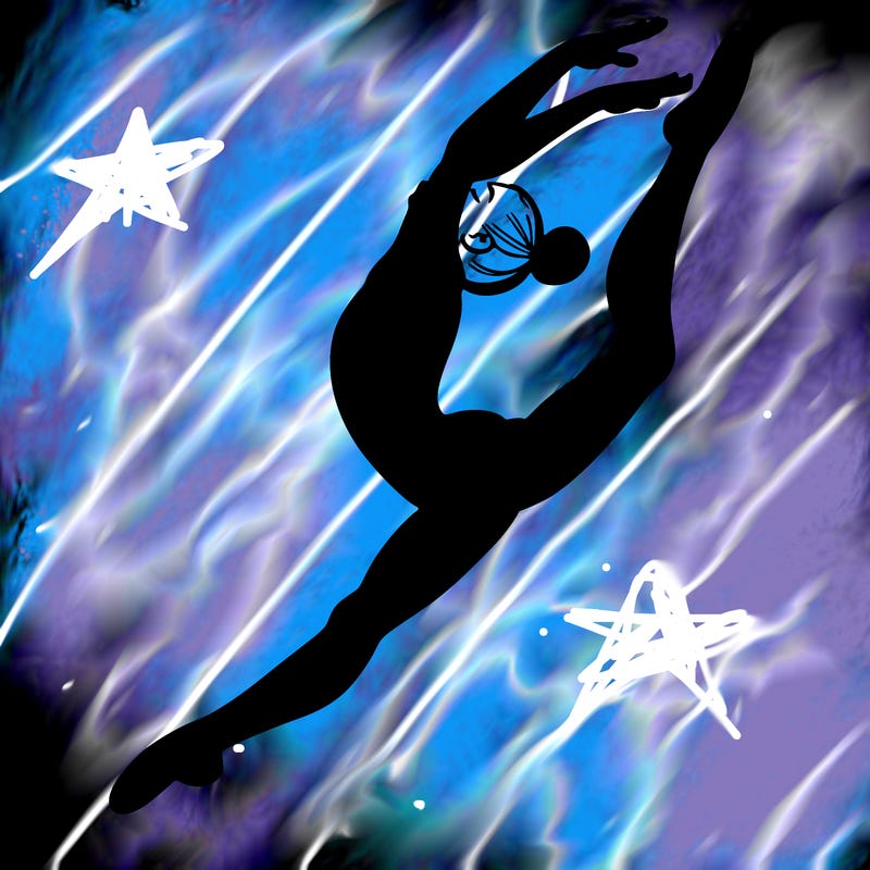 gymnast doing a leap in a leotard with a bent back leg