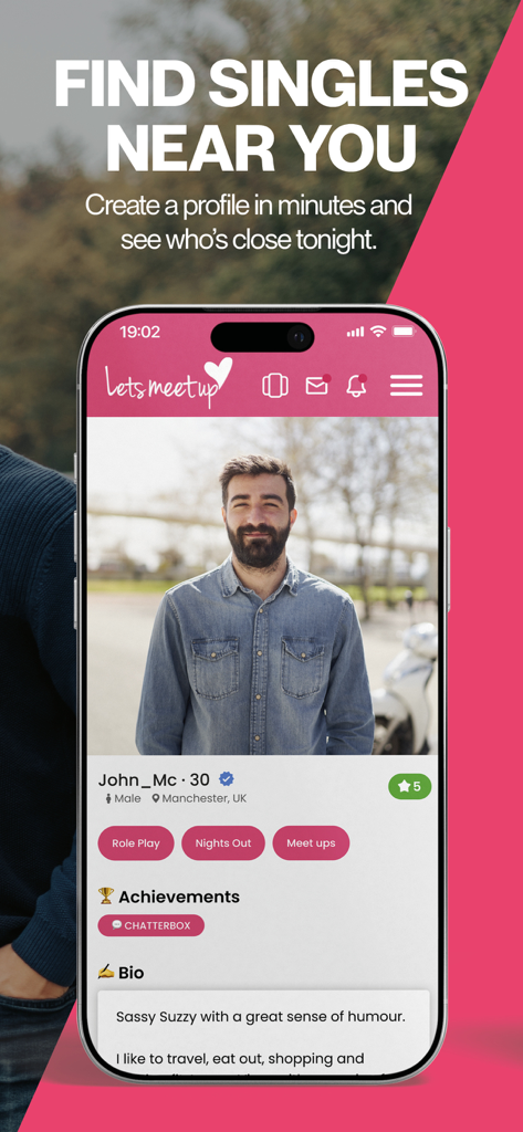 Lets Meet Up - A smartphone displaying a user profile on the Lets Meet Up casual dating app with the headline Find Singles Near You