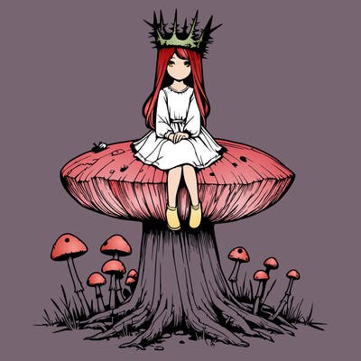 realistic girl sitting on a huge tree stump size toadstool with thorn crown