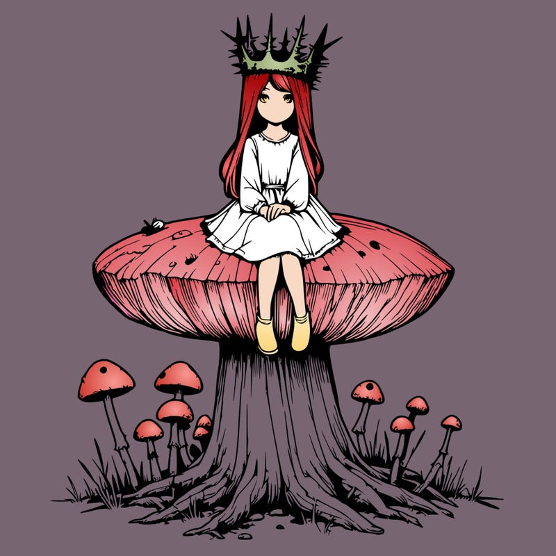 realistic girl sitting on a huge tree stump size toadstool with thorn crown