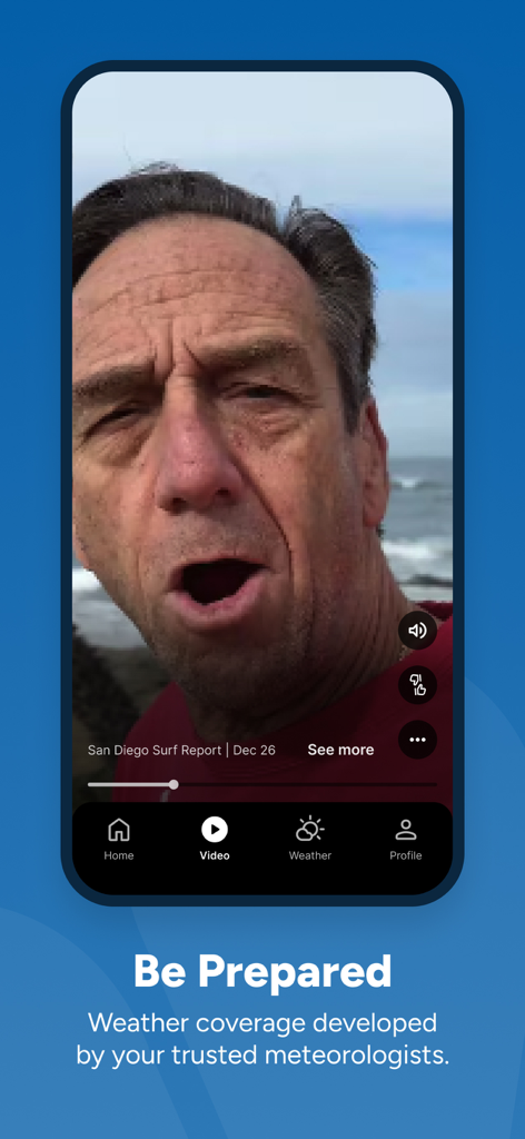 A San Diego surf report video featuring a meteorologist playing in the CBS 8 mobile app interface.