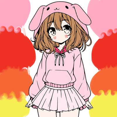 pretty anime girl wearing a fluffy hoodie with bunny ears on the hood and a skirt