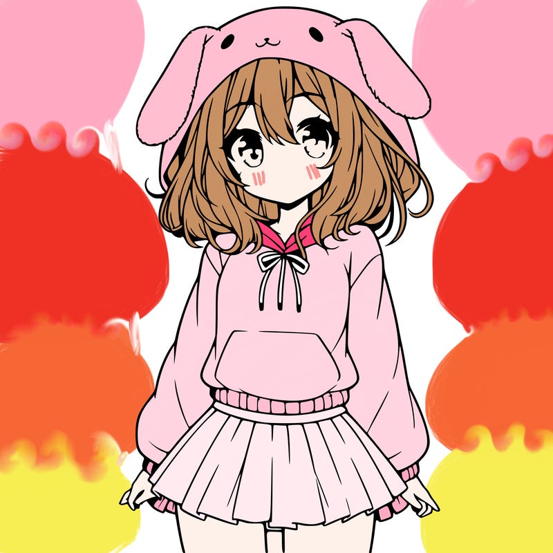 pretty anime girl wearing a fluffy hoodie with bunny ears on the hood and a skirt