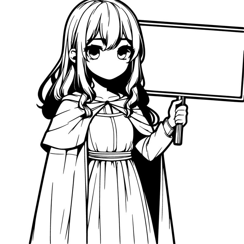 a realistic girl with shoulder length hair and dress, cloak. holding blank cardboard sign