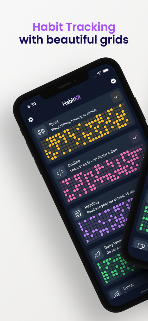 Mobile app interface of HabitKit displaying color coded tile grids for tracking various habits like sport coding and reading