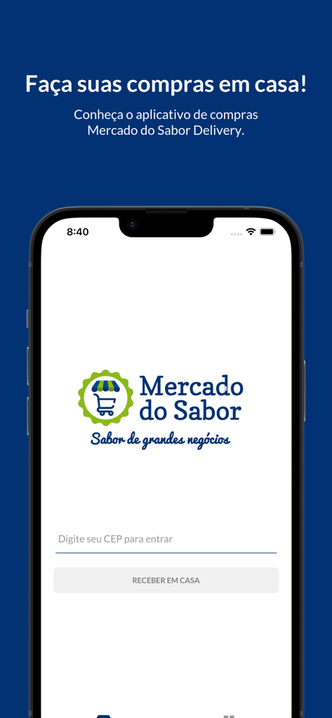 Mercado do Sabor Delivery - Mercado do Sabor Delivery app splash screen featuring the company logo and a field to enter a zip code in Portuguese