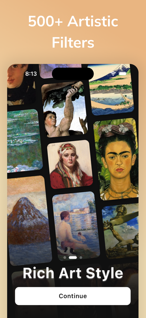 A gallery view showcasing diverse artistic filters and classical painting styles in the AI Gahaku app