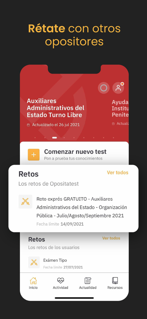 Interfaz de la aplicación móvil OpositaTest que muestra la sección de retos para la preparación de exámenes competitivos