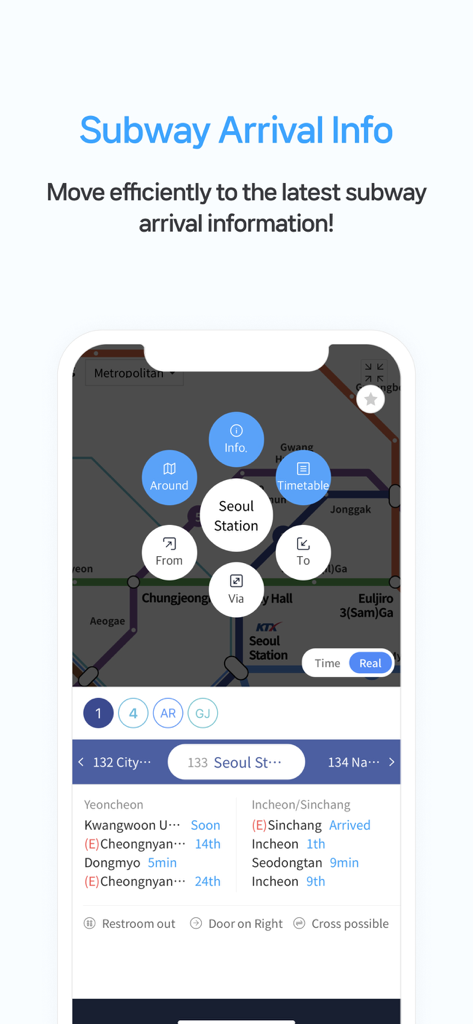 Smarter Subway app displaying real-time arrival information and navigation options for Seoul Station
