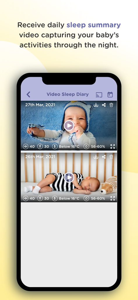 HubbleClub by Hubble Connected - Interface of the HubbleClub app displaying the Video Sleep Diary feature with daily summaries and nursery environment data