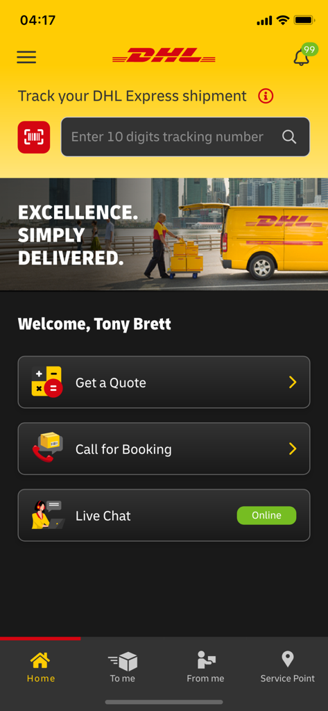 The home dashboard of the DHL Express Mobile App showing tracking features and service options