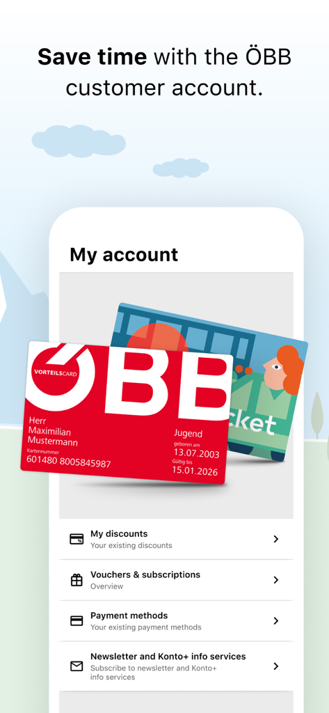 OBB Tickets app account screen showing discount and payment management options