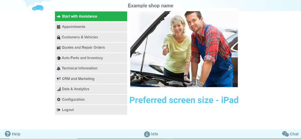 Dashboard interface of Auto Repair Shop app on a tablet showing service categories and a mechanic assisting a customer