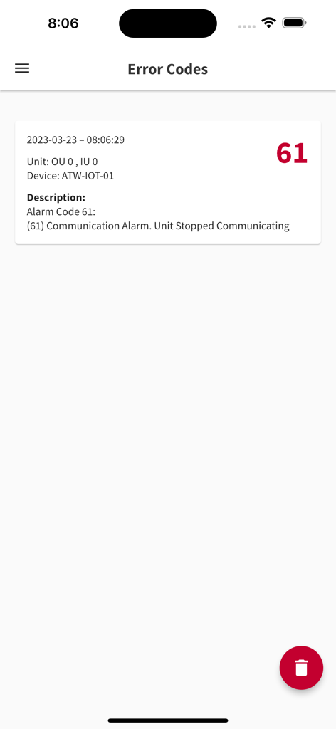 CSNET Home - CSNET Home app screen displaying a communication alarm and error code for a Hitachi heat pump system
