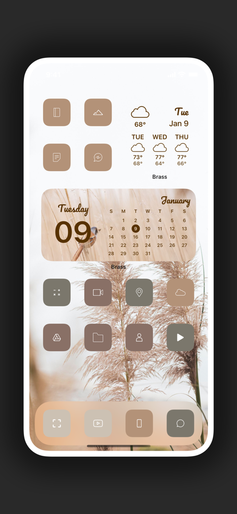 Brass - Icon Themes & Widgets - Tela de início personalizada com ícones e widgets estéticos bege do aplicativo Brass.