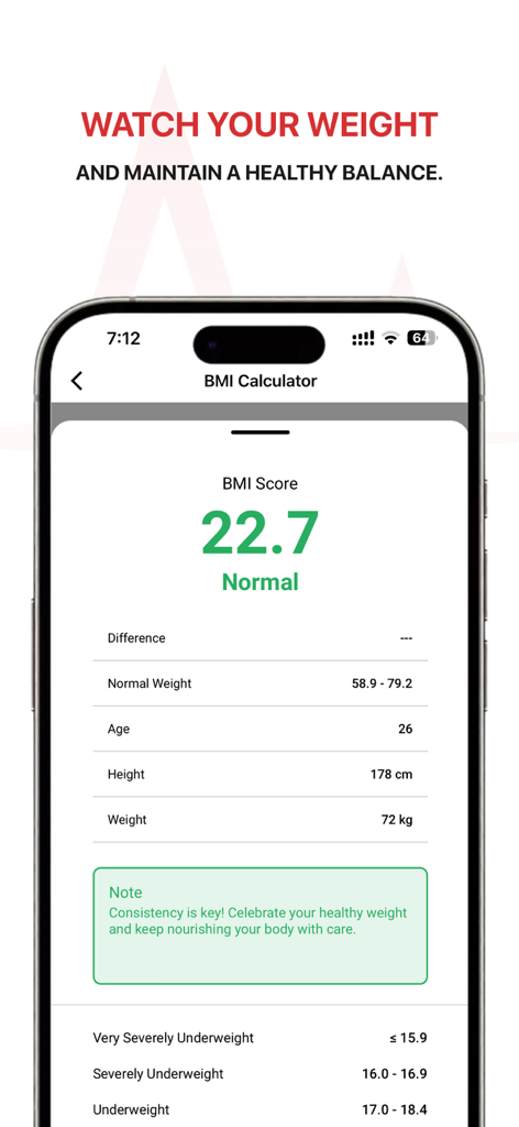 Blood Sugar Monitor: MediTrust - MediTrust-App BMI-Rechner-Bildschirm mit einer normalen Gesundheitsbewertung von 22,7