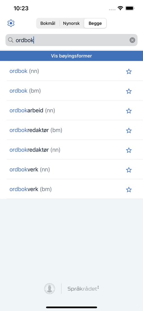 Search results for the word ordbok in the Ordbokene app showing entries for both Bokmal and Nynorsk