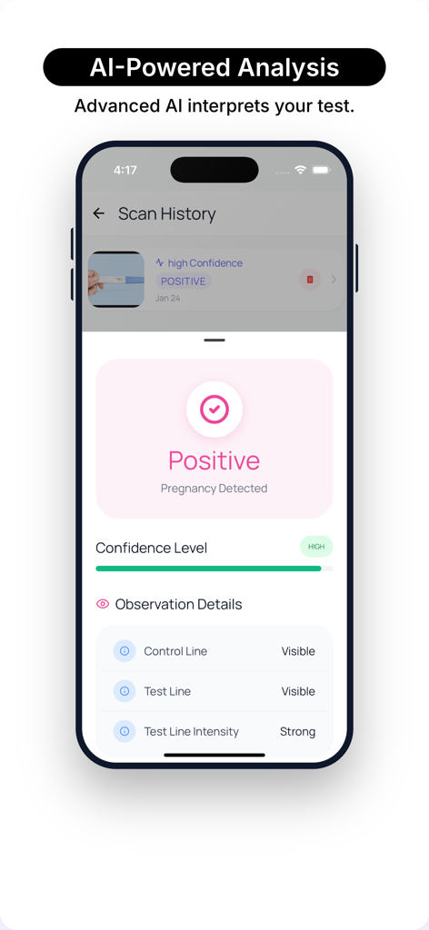 AI Pregnancy Test Reader - Smartphone display showing positive pregnancy test results and AI analysis details in the app