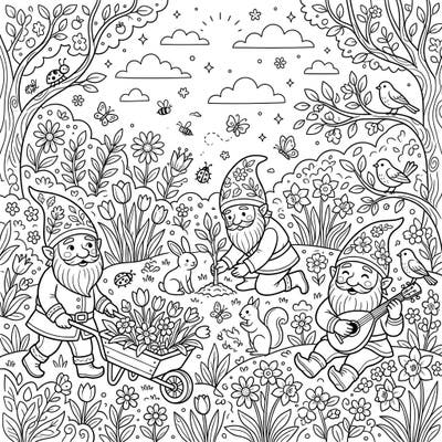 Step into a whimsical world where friendly dwarves celebrate the joys of spring in their enchanting garden. This delightful coloring page is perfect for kids who love nature and fantasy.