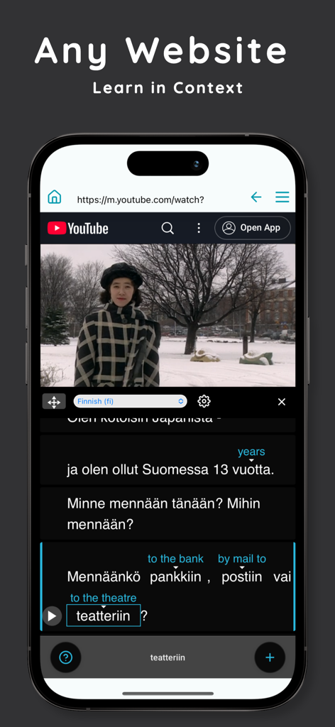Mobile app interface showing contextual language learning subtitles on a YouTube video.
