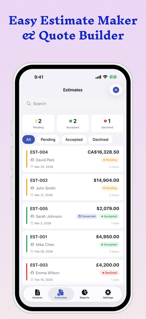 Invoice Maker Estimate Billing - Interfaz de la aplicación móvil para gestionar y realizar un seguimiento de presupuestos y cotizaciones comerciales