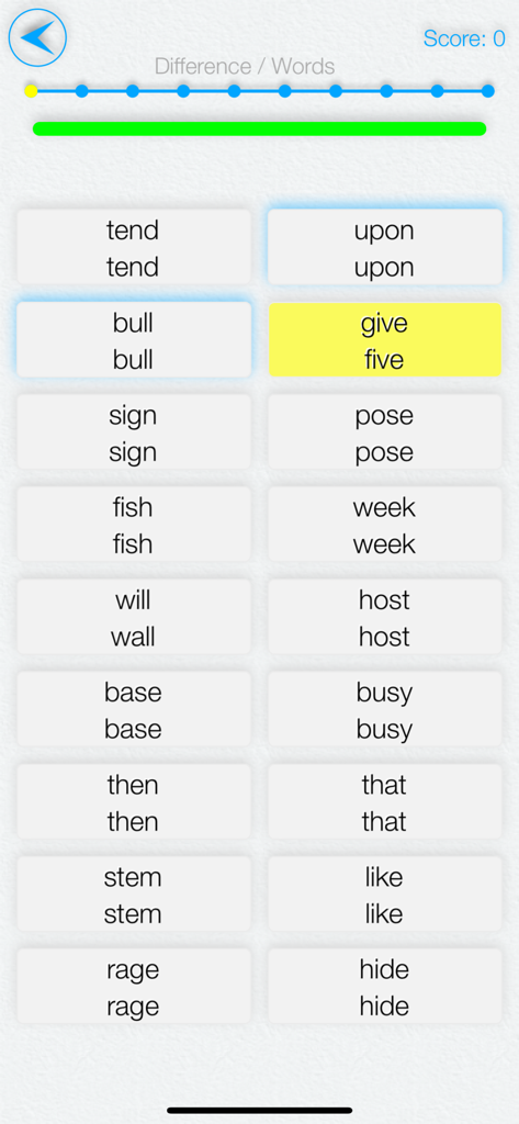Speed Reading IQ: epub, djvu - A word comparison exercise screen in the Speed Reading IQ app where users identify differences in text pairs.