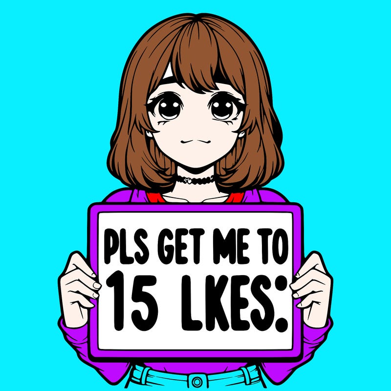 realistic girl holding up a sign that says “pls get me to 15 likes!”