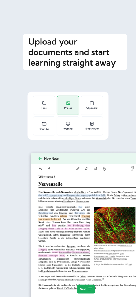 Bulletpoint - Interface of Bulletpoint app showing document upload options and text highlighting for study notes