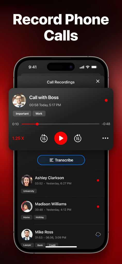 Schermata che mostra l'elenco delle registrazioni delle chiamate telefoniche con il pulsante di trascrizione nell'app RecMyCalls