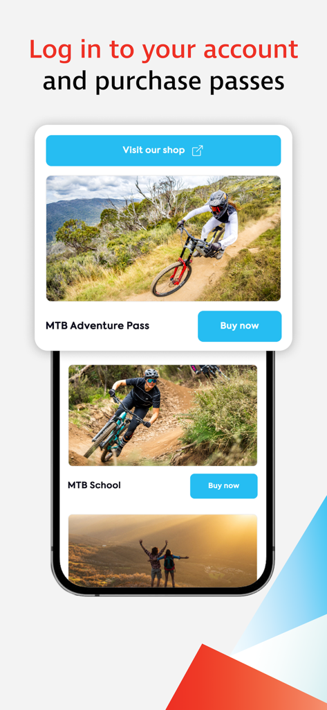 Interface of the Thredbo Resort app for purchasing mountain biking and adventure passes