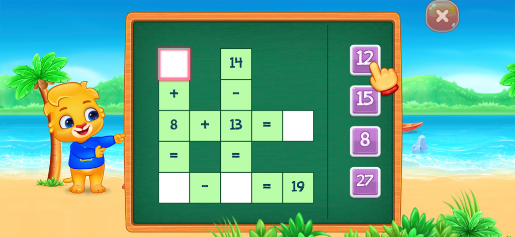 Educational math puzzle grid with addition and subtraction equations for kids
